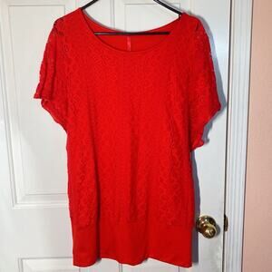 Red Short Sleeves Crew Neck Lace Pattern Top Shirt Blouse | 2XL